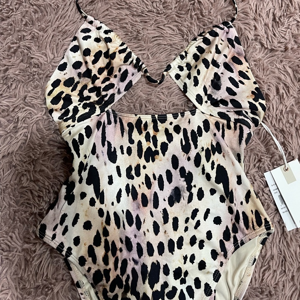 GOOD American Ruched Halter One-Piece Swimsuit in Cheetah Rose Print - Picture 2 of 10